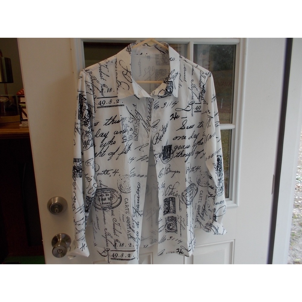 White Script Postal Print Button Down Shirt Long Sleeve Graphic Blouse Large
